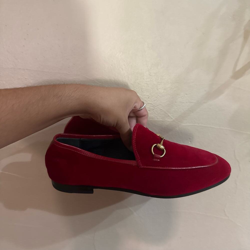 Gucci 1953 Velvet Red Jordan Loafers Suede Gold Horsebit sz 37 - Picture 10 of 10